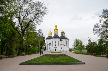 Orthodox St Catherine church with golden domes in Chernihiv, Ukraine. Chernihiv is one of oldest cities in Ukraine