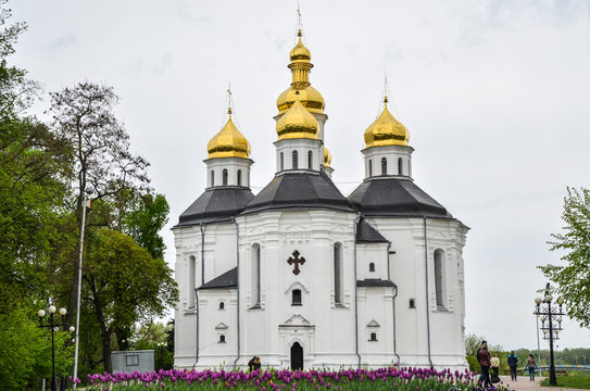 Orthodox St Catherine church with golden domes in Chernihiv, Ukraine. Chernihiv is one of oldest cities in Ukraine