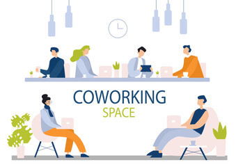 Coworking space flat vector illustration. Office, workplace, teamwork and cooperation. Colleagues, coworkers, office managers working together faceless characters isolated on white background.