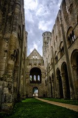 The ruins of Jumieges Abbey are an impressive tourist attraction in Normandy, France - obrazy, fototapety, plakaty