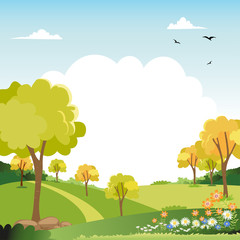 Spring landscape with blue sky and clouds,Panorama Green fields with copy space, fresh and peaceful rural nature in springtime with green grass land. Cartoon vector illustration for kids banner