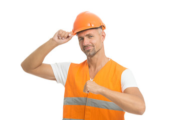 Architect control. Everything is under control. Safety concept. Man wear protective hard hat and...