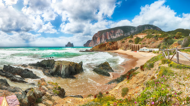 Awesome  view of beach Portu Cauli in Masua with Pan di Zucchero at background.