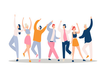 Fototapeta premium Dance party flat vector illustration. Night club, holiday, active leisure, recreation. Dancers raising hands, young people group dancing together faceless characters isolated on white background.