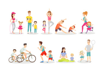 Sport activity flat vector illustrations set. Active leisure, exercises, athletic lifestyle. Fitness and yoga, cycling and running. Parents and children doing sports isolated cartoon characters.