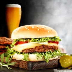 Fresh hamburger on desk 