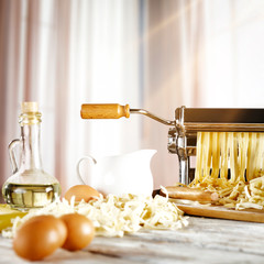 desk of free space and kitchen interior 