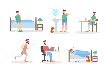 Man day routine flat vector illustrations set. Morning, day and evening. Hygienic procedures, sports activity and work, night rest. Young guy characters in cartoon style isolated collection.