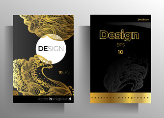 Cover design for book, magazine, poster set . Gold and black graphic elements are hand-drawn. Vector 10 EPS.