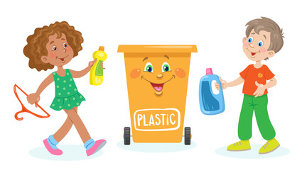 Children throw away plastic trash in an orange dustbin for recycling. Separate garbage collection. In cartoon style. Isolated on white background. Vector illustration.