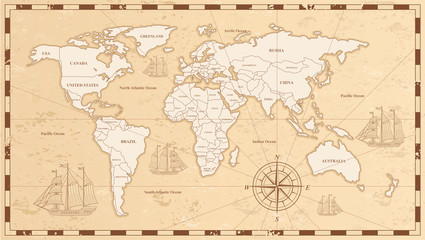 Old world map flat vector illustration. Ancient parchment with countries and oceans names. Vintage document with continents, ships and wind rose drawings. Worldwide geography exploration.