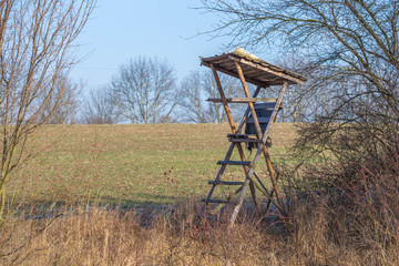 Wildlife observation point - raised blind or hunting tower near meadow