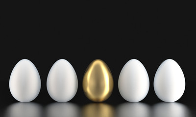 Five eggs ordered in a line - four eggs white, one egg gold. 3d rendering