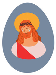 Cute flat vector illustration of crying Jesus Christ in crown of thorns with drops of blood on day crucifixion. Bible religious Christian design for Easter greeting cards, eggs and church decoration