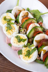healthy and balanced meal of egg salad with bocconccini and cucumber
