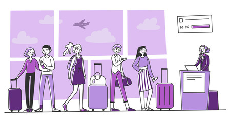 Line of tourists at airport check in counter. Queue of passengers waiting for registration to their flight. Vector illustration for tourism, trip, transportation concept