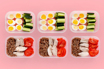 Healthy fitness food for the whole day. Multiple portions in containers