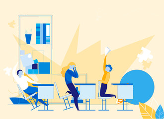 Hyperactive Children at School or Kindergarten Flat Cartoon Vector Illustration. Kids Sitting at Desks in Row in Classroom. Girl Closing Face. Boy Standing on Knees with Paper. Shelves with Books.