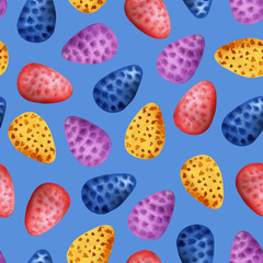 Easter cake, eggs, rabbits and willow twigs painted watercolor seamless pattern. Bright cute hand drawn illustration