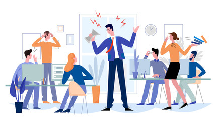 Angry boss in office flat vector illustration. Frightened employees shocked by furious top manager. Stressed vector cartoon characters. Missing deadlines concept.
