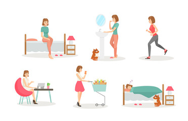 Fototapeta na wymiar Woman day routine flat vector illustrations set. Morning procedures, daily activity and evening. Hygiene and sports, work and shopping, night rest. Young girl isolated cartoon characters collection.