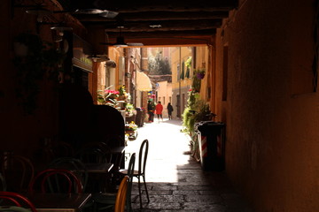 A dining room table in front of a building