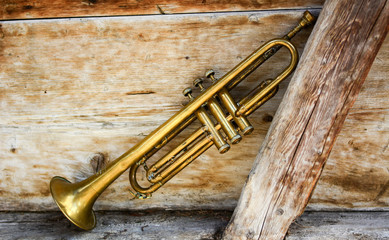 Fototapeta na wymiar trumpet on a wooden background