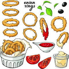 Vector set : appetizing tasty onion rings with red and white sauce, pieces of tomato, green leaves and olives. Elements for food design menu, posters , decor.