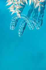 Obraz na płótnie Canvas Invisible aligners teeth brackets on blue background with flower shadow