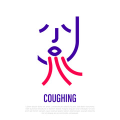 Coughing thin line icon. Symptom of angina, bronchitis, flu, grippe, coronavirus. Healthcare and medical vector illustration.