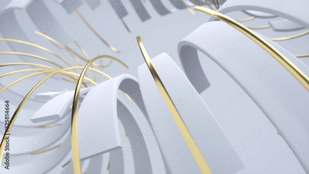 Poster Rotating geometric shapes. Abstract background with white and golden moving elements. Motion design minimalist pattern. 3d loop animation. Seamless broadcast composition. 4K UHD