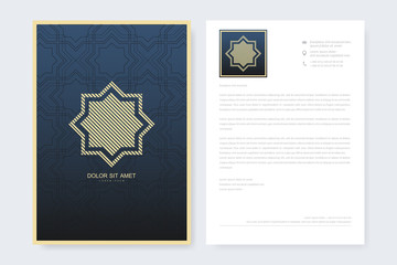 Elegant letterhead template design in minimalist style with Logo. Golden luxury business design for cover, banner, invitation, letterhead, branding card, brochure. Arabic vector logo design template