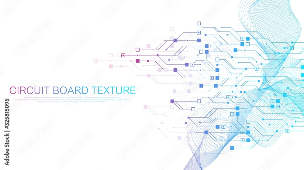 Poster Technology circuit board texture background. Abstract circuit board banner wallpaper. Digital data industry. Engineering electronic motherboard. Wave flow , vector illustration.