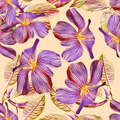 Purple flowers seamlesss pattern, watercolor illustration.