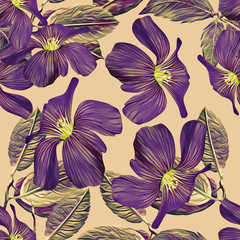 Purple flowers seamlesss pattern, watercolor illustration.