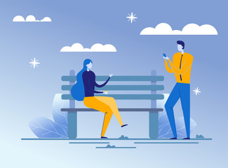 Colleagues Rest Outdoors Flat Vector Illustration. Woman Sitting on Bench and Man with Smartphone Cartoon Characters. Coworkers Relaxing Together after Work. Recreation in City Park