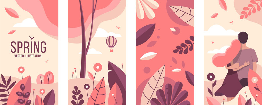 Spring set of illustrations in a flat style with herbs, trees and people. Templates for social networks, banners with space for text.