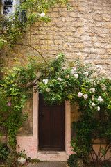Fototapeta na wymiar Rustic French house with a beautiful front door, covered with flowers