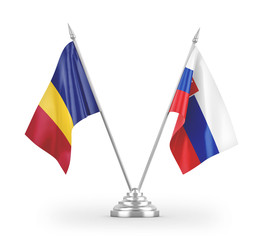 Slovakia and Romania table flags isolated on white 3D rendering