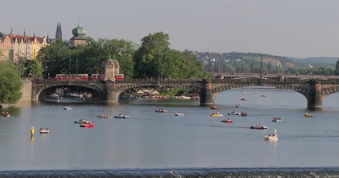 Prague summer, paddle boats on the river Vltava
