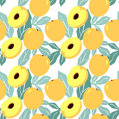 Seamless pattern with yellow cherry plum and leaves. Prunus cerasifera, alycha on a white background. Flat design.