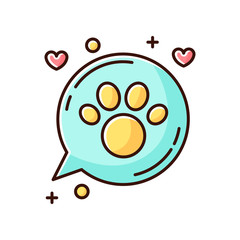 Domestic animals friendly area yellow and blue RGB color icon. Doggy and kitty permitted territory. Cats and dogs welcome, pets allowed zone, paw print in speech bubble. Isolated vector illustration