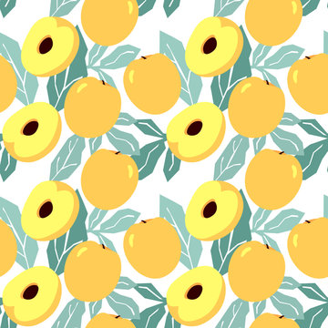 Seamless pattern with yellow cherry plum and leaves. Prunus cerasifera, alycha on a white background. Flat design.