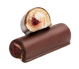 Chocolate cake roll with berry jam and butter cream isolated on white background