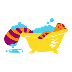 Cute striped orange cat washing, relax in bath, in a flat cartoon style. Vector