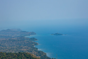 View of Kalipur beach and Creagy island from the hike up Saddle Peak in the Andaman and Nicobar Islands, India. 