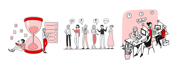 Communication and conversation set. People talking with speech bubbles, bank office, hourglass. Flat vector illustrations. Consulting, service concept for banner, website design or landing web page