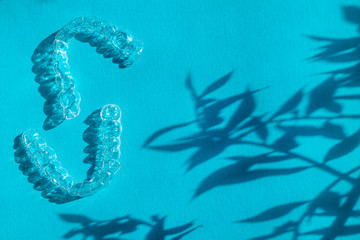 Invisible aligners teeth brackets on blue background with flower shadow
