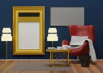3d Beautiful modern room reception area that decorate with poser, TV, chair and lamp.