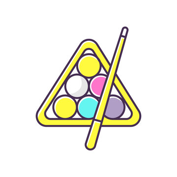 recommend clip art: Billiards RGB color icon. Cuesports game, pub entertainment, leisure activity. Professional cue sport, pool, snooker attributes. Triangle with balls and cue stick isolated vector illustration